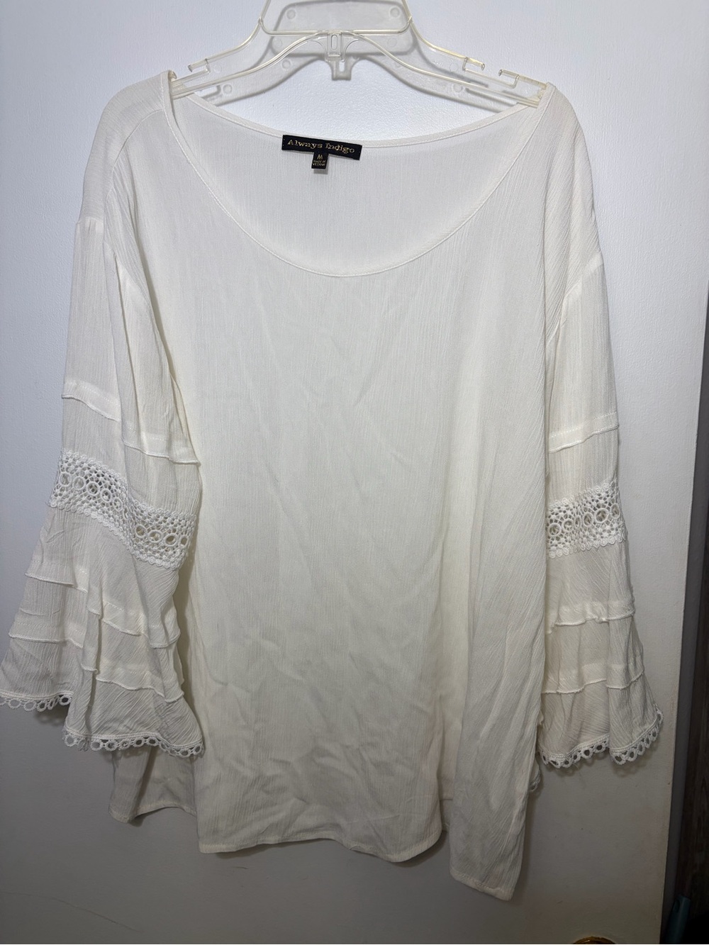 Always indigo women’s cream, long sleeve peasant Bell sleeve blouse, medium